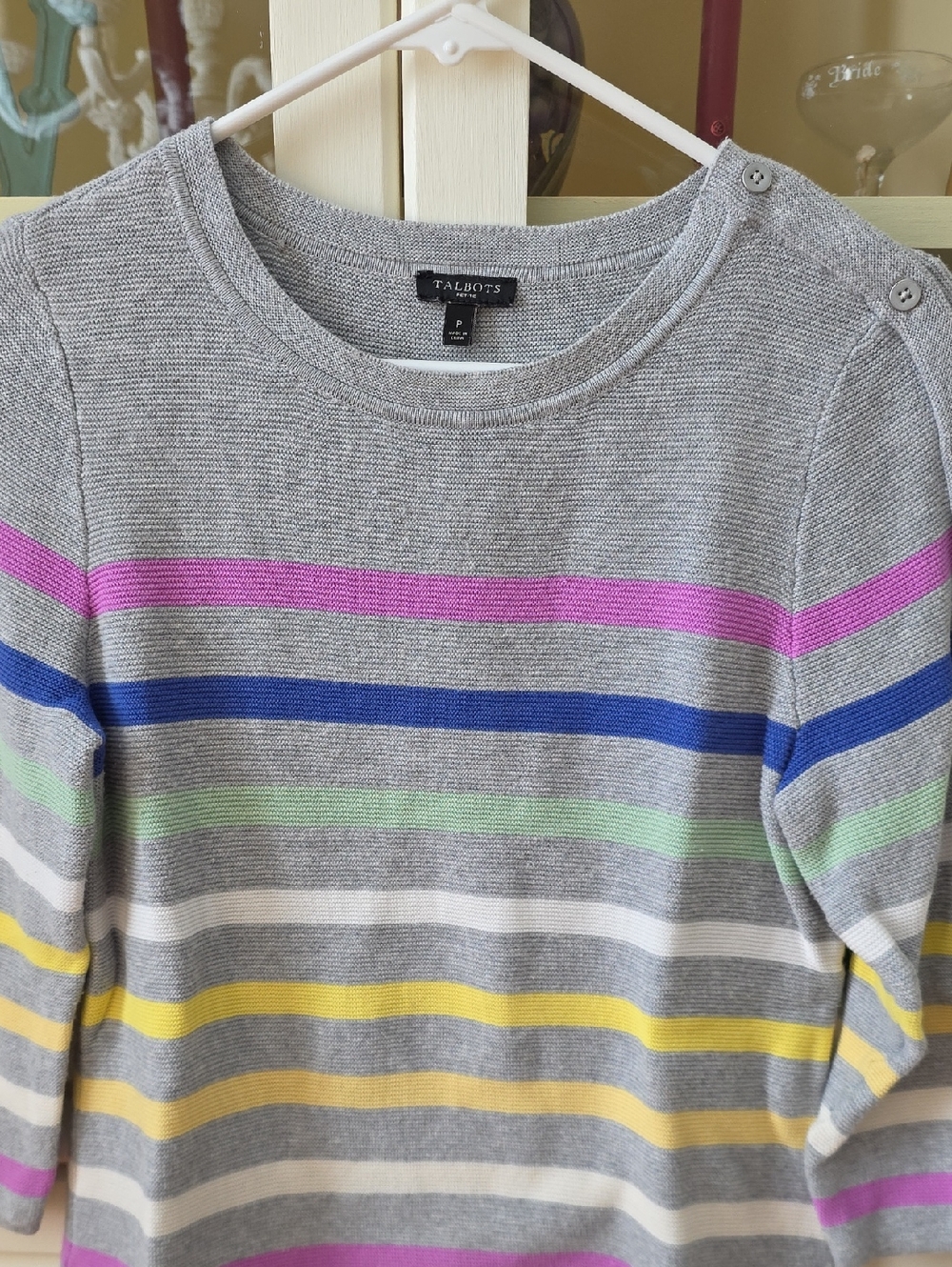 Talbots Gray Crewneck Striped Sweater with Butto Trim